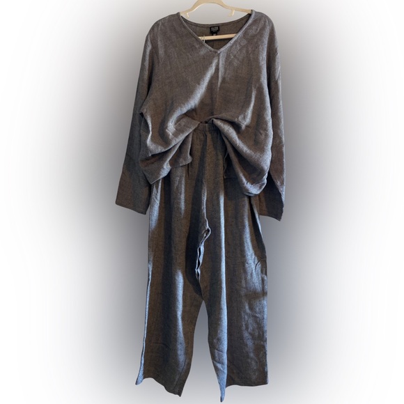 Eileen Fisher Tops - Eileen Fisher (2) Pc. Linen Blend V-neck Top Pants Set Slate Grey Size 1X